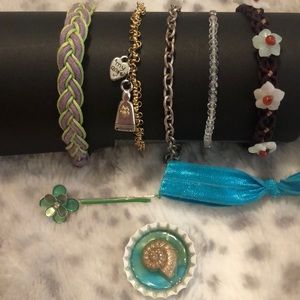 Bracelets, barrette, seashell bottle cap, hair tie